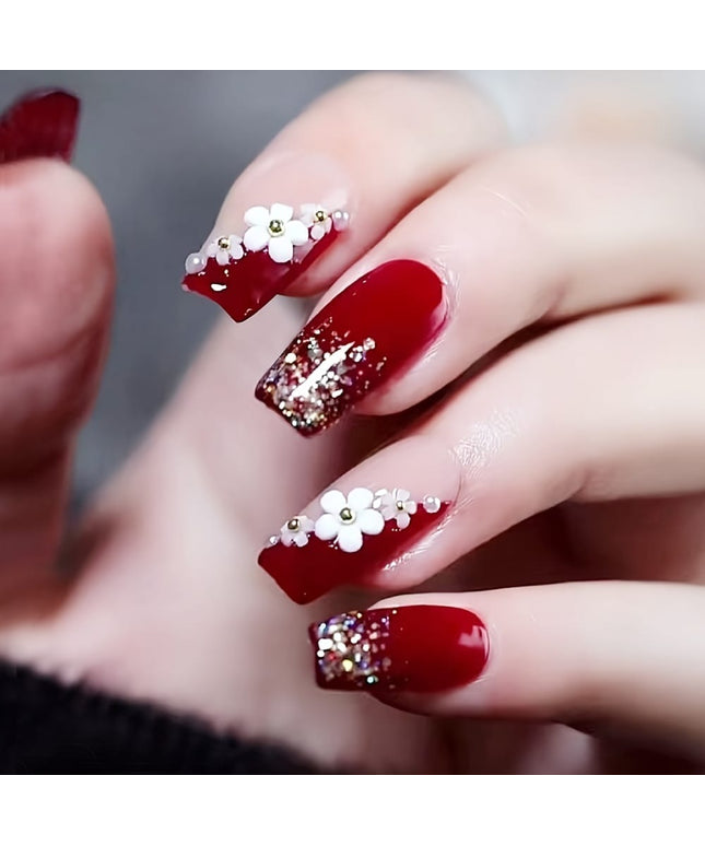 KissICON Female KissIcon 24Pcs Red Press On Nails Camellia French