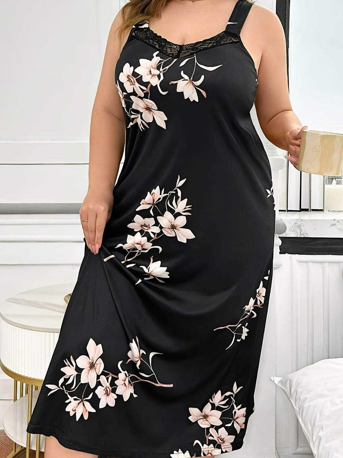 jkthpu-45 [Feminine Sleepwear] Plus Size Floral Print Nightgown | Glossy Polyester Blend | Elegant Wide Strap Midi Sleep Dress for Women | All-Season Comfort | Feminine Sleepwear