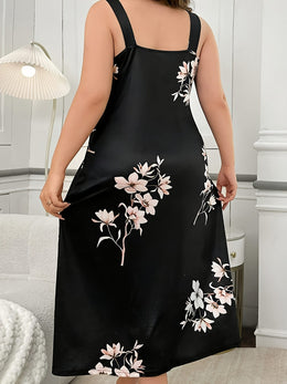 jkthpu-45 [Feminine Sleepwear] Plus Size Floral Print Nightgown | Glossy Polyester Blend | Elegant Wide Strap Midi Sleep Dress for Women | All-Season Comfort | Feminine Sleepwear