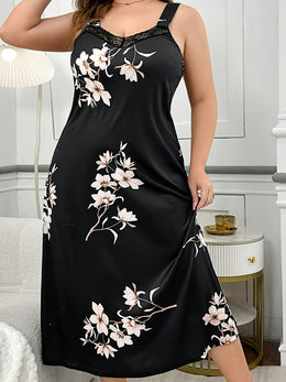 jkthpu-45 [Feminine Sleepwear] Plus Size Floral Print Nightgown | Glossy Polyester Blend | Elegant Wide Strap Midi Sleep Dress for Women | All-Season Comfort | Feminine Sleepwear