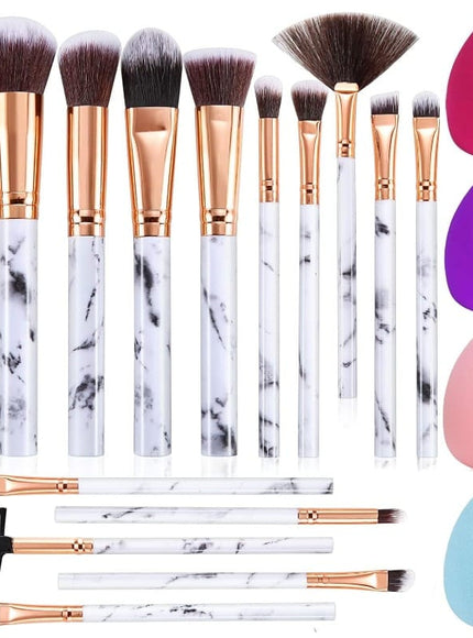 KissICON AWhiteMarbleSet Marble Pink White Pro Makeup Brush Set – W Sponges