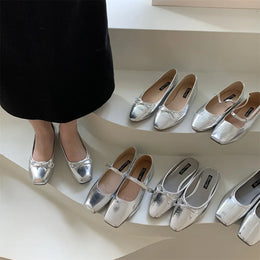 KissICON Flats Shoes for Women Luxury Silver Ballet Shoes