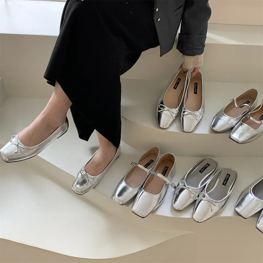 KissICON Flats Shoes for Women Luxury Silver Ballet Shoes