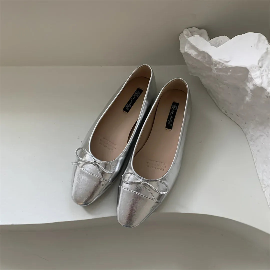 KissICON Flats Shoes for Women Luxury Silver Ballet Shoes