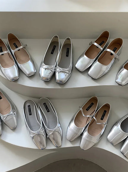 KissICON Flats Shoes for Women Luxury Silver Ballet Shoes