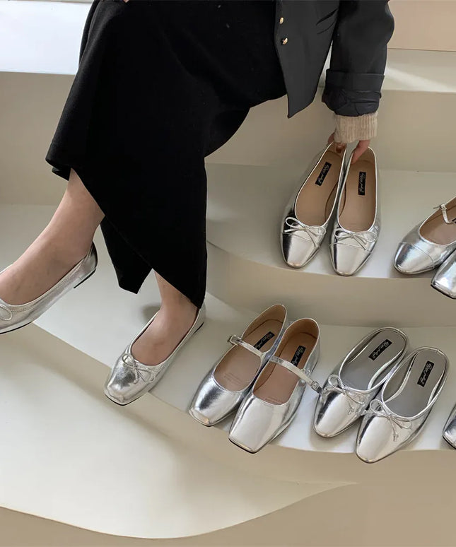 KissICON Flats Shoes for Women Luxury Silver Ballet Shoes