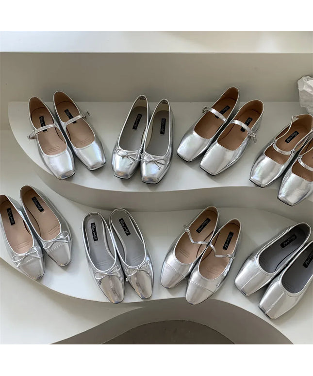 KissICON Flats Shoes for Women Luxury Silver Ballet Shoes
