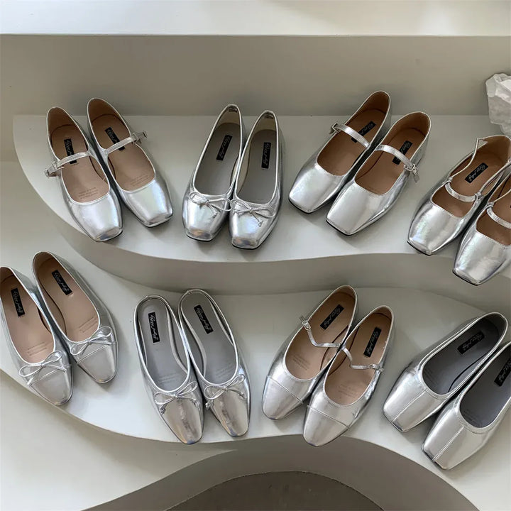 Flats Shoes for Women Luxury Silver Ballet Shoes