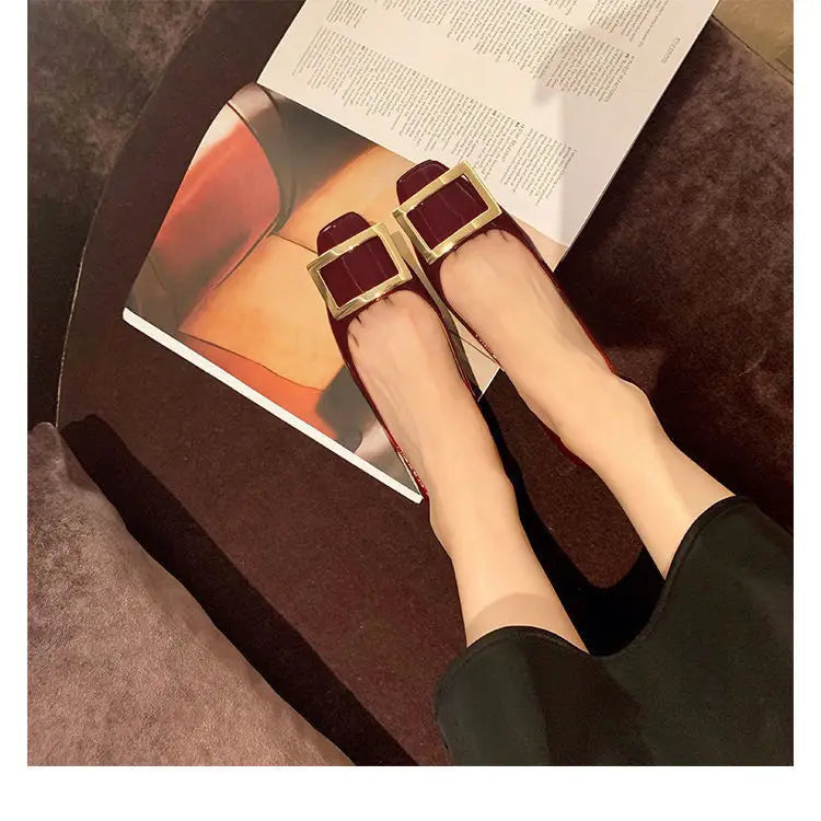 KissICON Flats Women's Shoes Patent Leather Square Buckle Shoes