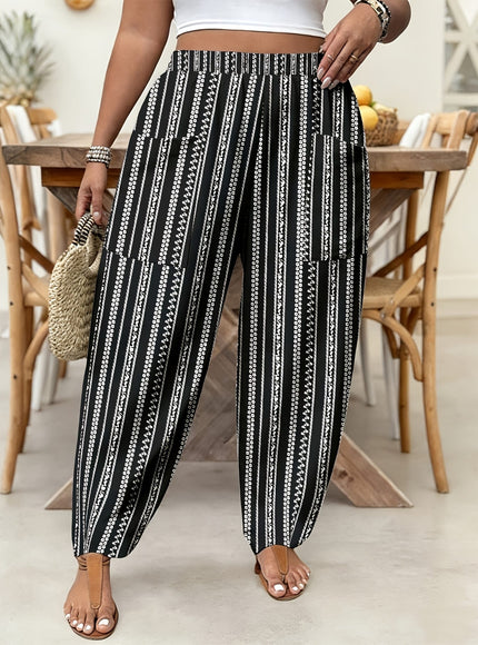jkthpu-45 Flattering Plus Size Vintage Striped HighWaisted Casual Pants