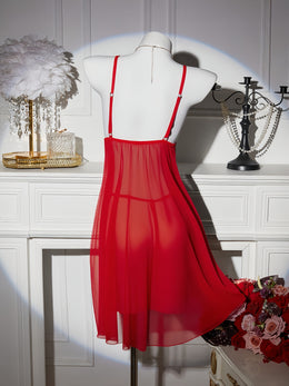 jkthpu-45 Floral Lace Splicing Slit Camisole Dress with Thong, Sexy Lingerie Nightgown Set