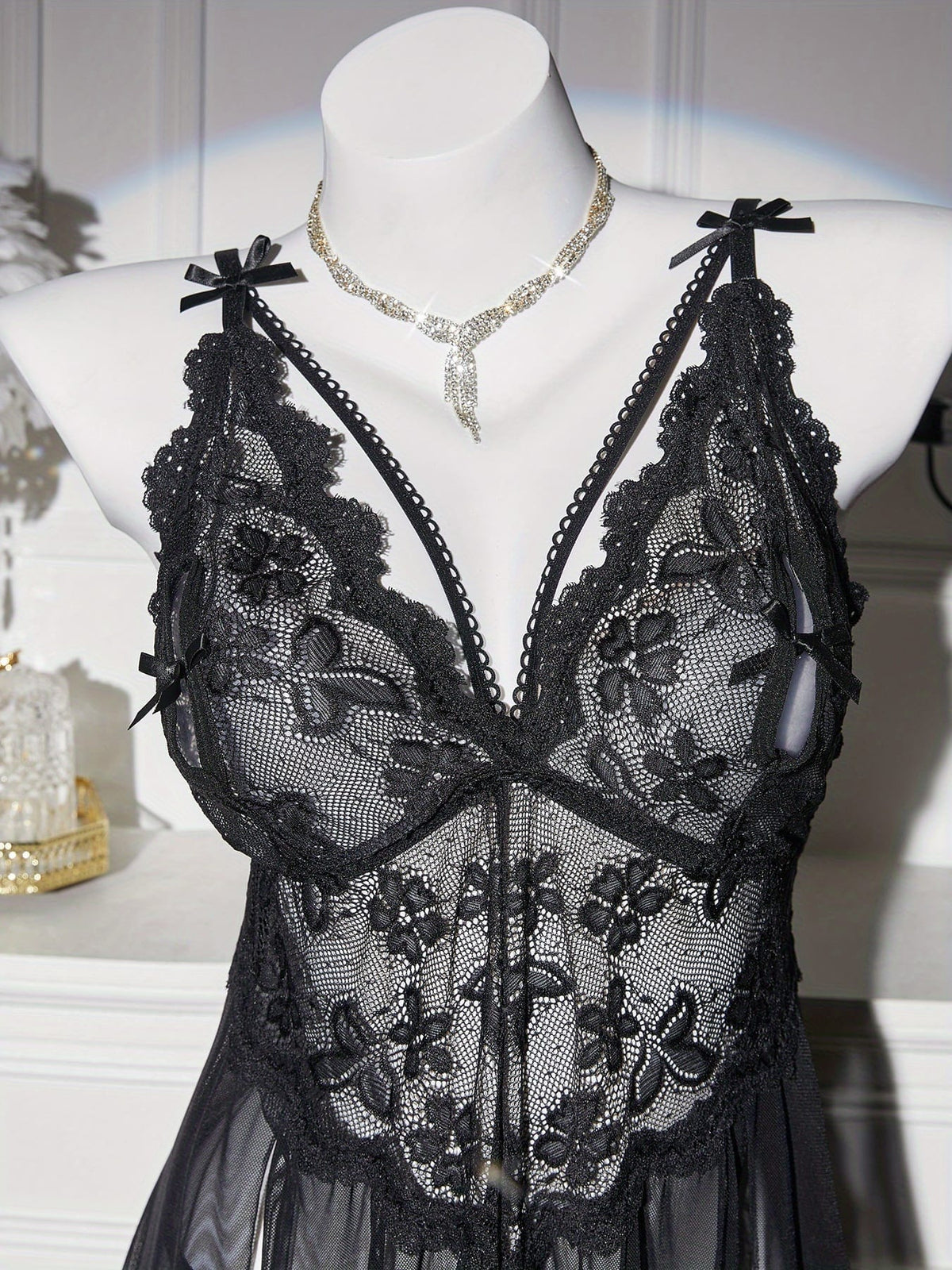 jkthpu-45 Floral Lace Splicing Slit Camisole Dress with Thong, Sexy Lingerie Nightgown Set