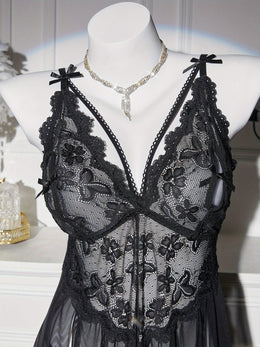 jkthpu-45 Floral Lace Splicing Slit Camisole Dress with Thong, Sexy Lingerie Nightgown Set