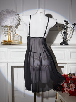 jkthpu-45 Floral Lace Splicing Slit Camisole Dress with Thong, Sexy Lingerie Nightgown Set