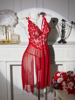 jkthpu-45 Floral Lace Splicing Slit Camisole Dress with Thong, Sexy Lingerie Nightgown Set