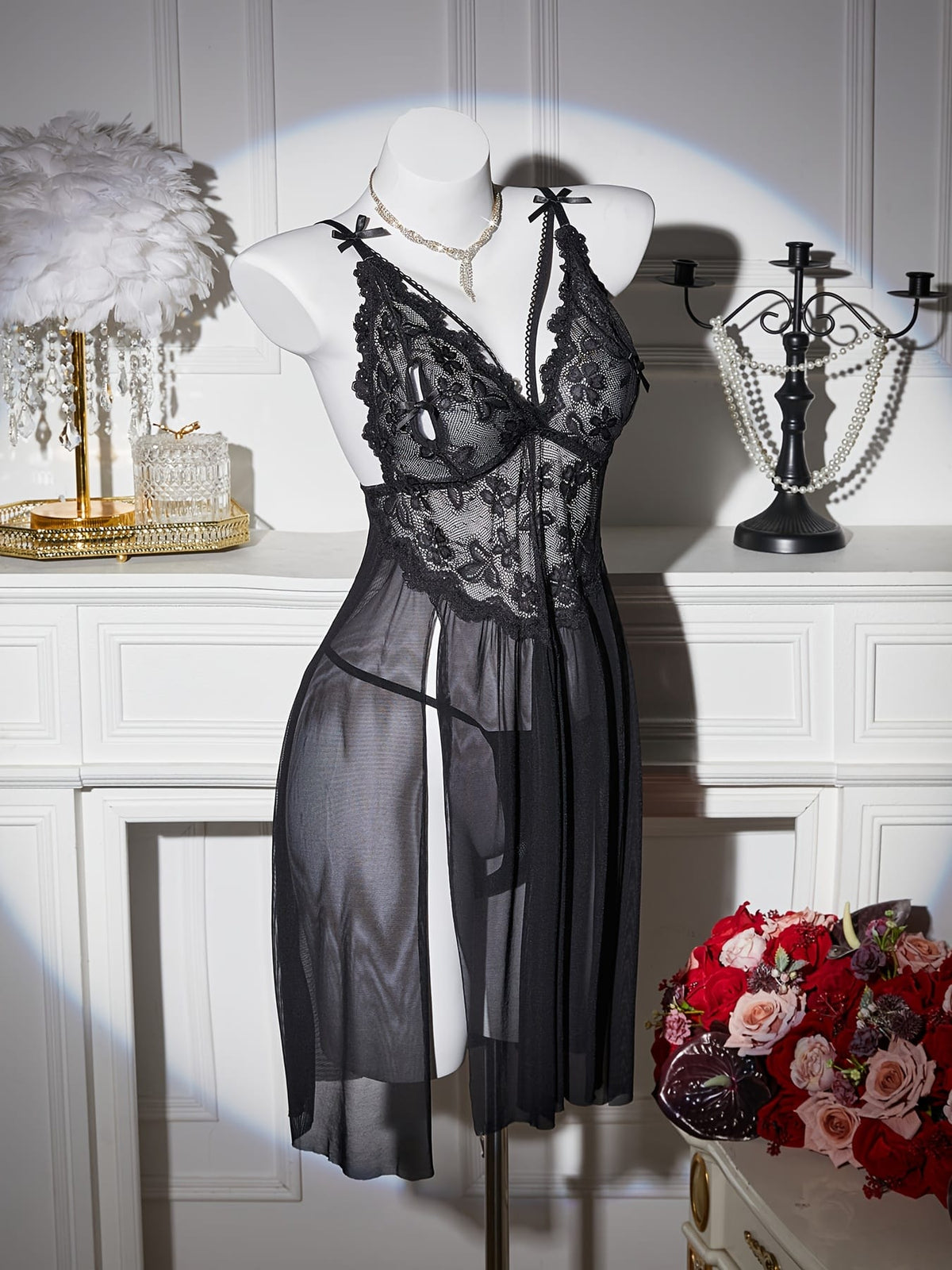 jkthpu-45 Floral Lace Splicing Slit Camisole Dress with Thong, Sexy Lingerie Nightgown Set