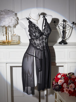 jkthpu-45 Floral Lace Splicing Slit Camisole Dress with Thong, Sexy Lingerie Nightgown Set