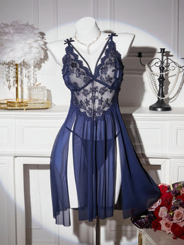 jkthpu-45 Floral Lace Splicing Slit Camisole Dress with Thong, Sexy Lingerie Nightgown Set
