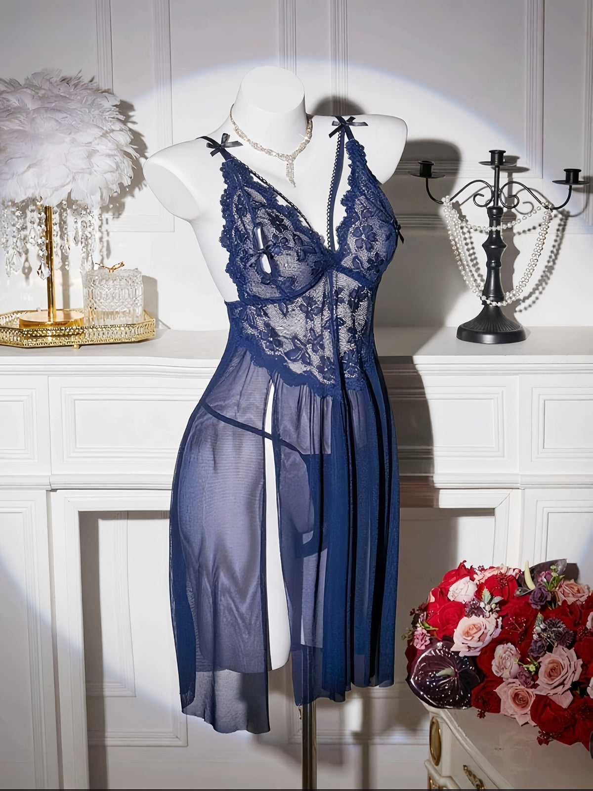 jkthpu-45 Floral Lace Splicing Slit Camisole Dress with Thong, Sexy Lingerie Nightgown Set