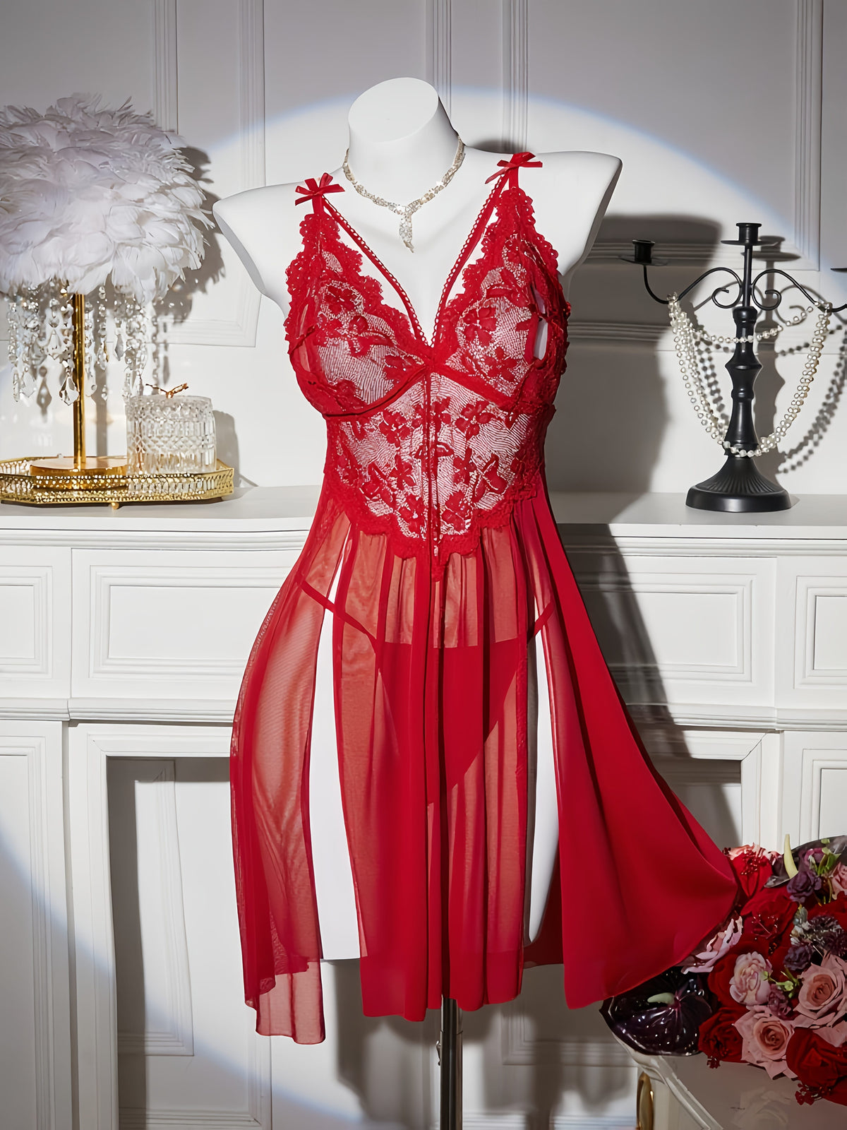 jkthpu-45 Floral Lace Splicing Slit Camisole Dress with Thong, Sexy Lingerie Nightgown Set