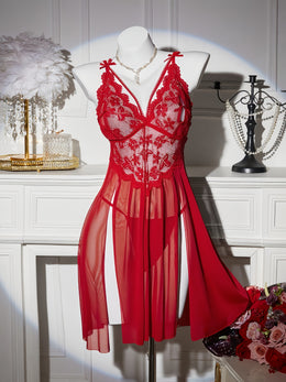 jkthpu-45 Floral Lace Splicing Slit Camisole Dress with Thong, Sexy Lingerie Nightgown Set
