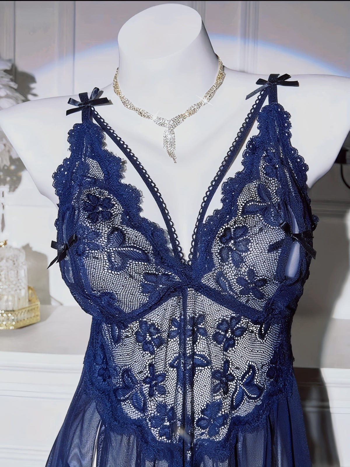 jkthpu-45 Floral Lace Splicing Slit Camisole Dress with Thong, Sexy Lingerie Nightgown Set