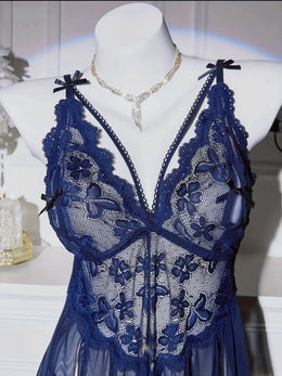 jkthpu-45 Floral Lace Splicing Slit Camisole Dress with Thong, Sexy Lingerie Nightgown Set