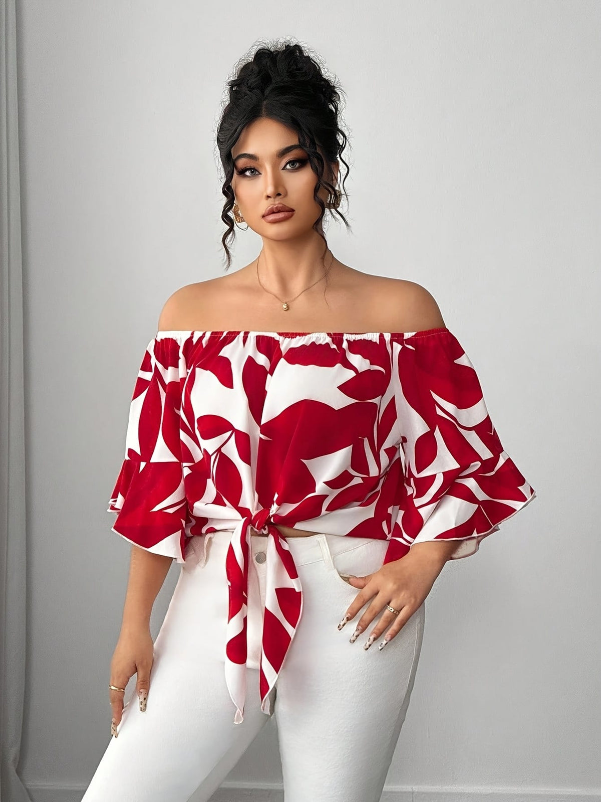 jkthpu-45 Blouses Floral Off-Shoulder Ruffle Blouse – Plus Size | Flutter Sleeve Top