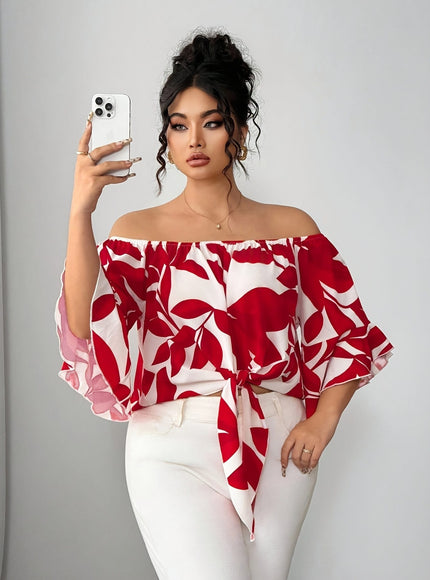 jkthpu-45 Blouses Floral Off-Shoulder Ruffle Blouse – Plus Size | Flutter Sleeve Top