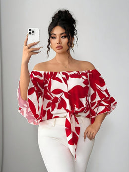 jkthpu-45 Blouses Floral Off-Shoulder Ruffle Blouse – Plus Size | Flutter Sleeve Top