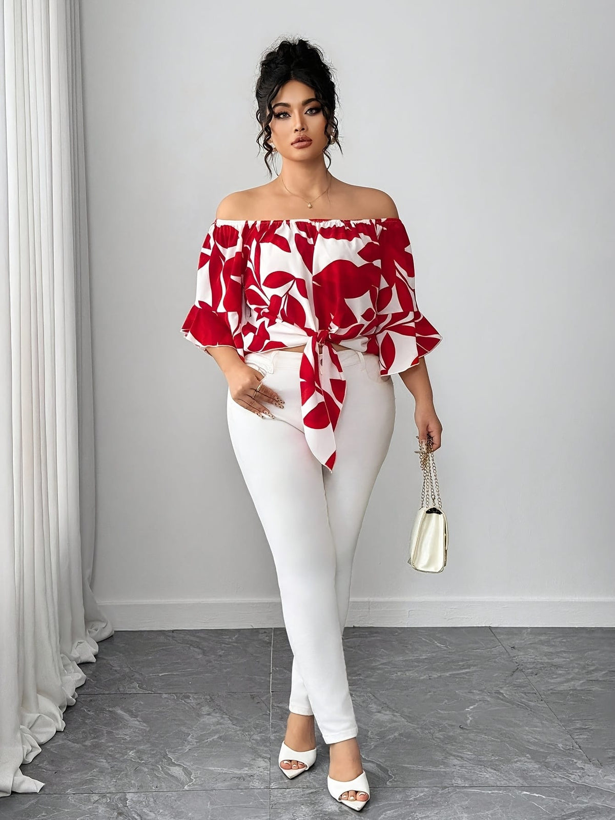 jkthpu-45 Blouses Floral Off-Shoulder Ruffle Blouse – Plus Size | Flutter Sleeve Top
