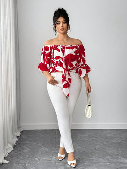 jkthpu-45 Blouses Floral Off-Shoulder Ruffle Blouse – Plus Size | Flutter Sleeve Top
