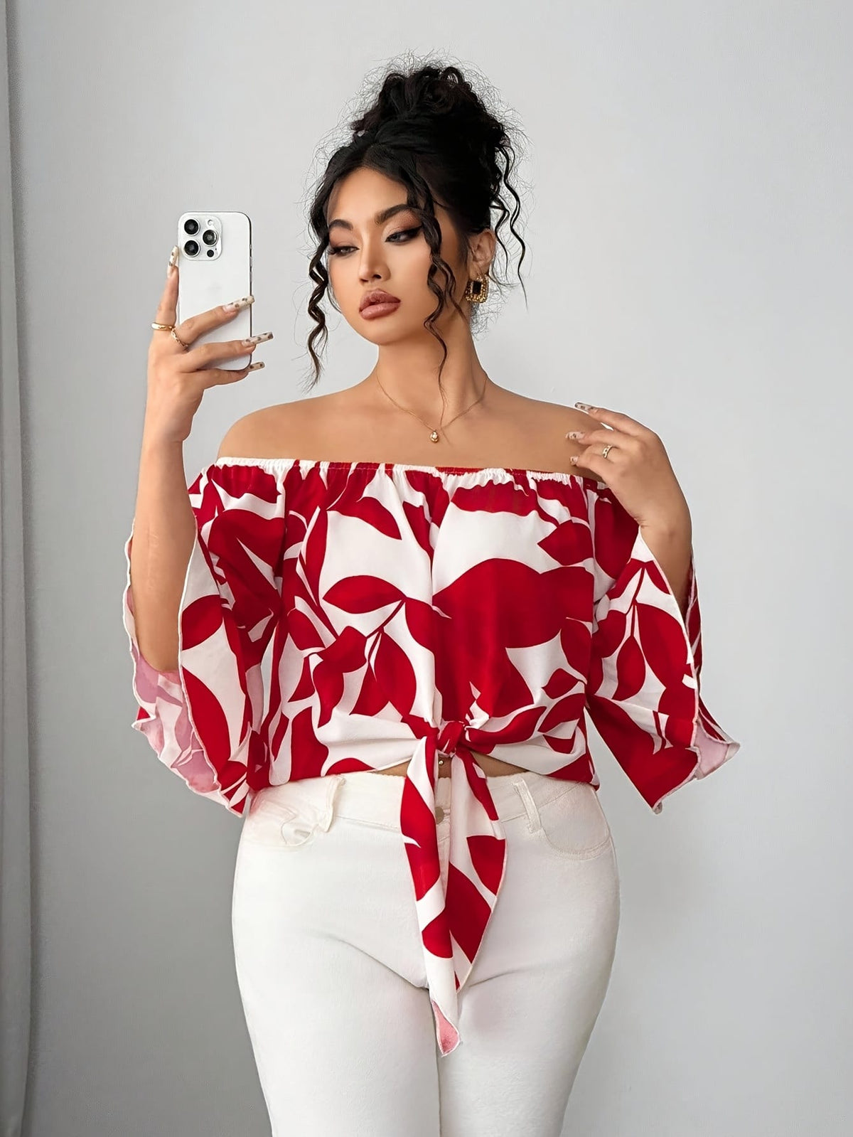 jkthpu-45 Blouses Floral Off-Shoulder Ruffle Blouse – Plus Size | Flutter Sleeve Top