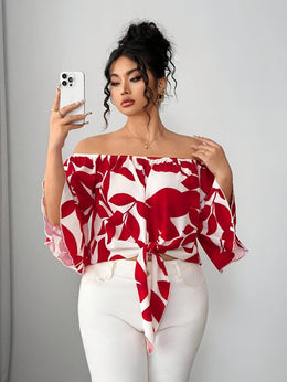 jkthpu-45 Blouses Floral Off-Shoulder Ruffle Blouse – Plus Size | Flutter Sleeve Top