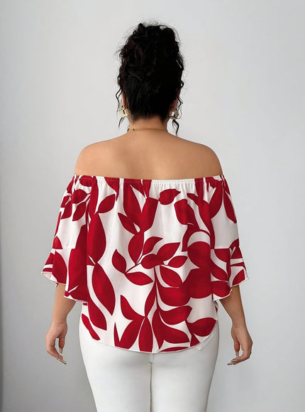 jkthpu-45 Blouses Floral Off-Shoulder Ruffle Blouse – Plus Size | Flutter Sleeve Top