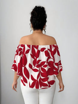 jkthpu-45 Blouses Floral Off-Shoulder Ruffle Blouse – Plus Size | Flutter Sleeve Top
