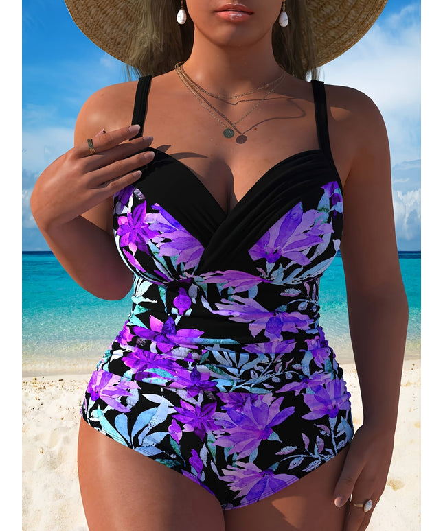 KissICON Floral Print Fashionable Curve Women's Beach One-piece