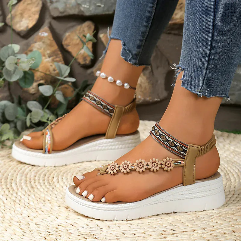 KissICON Flower Chain Wedges Sandals for Women Plus Size