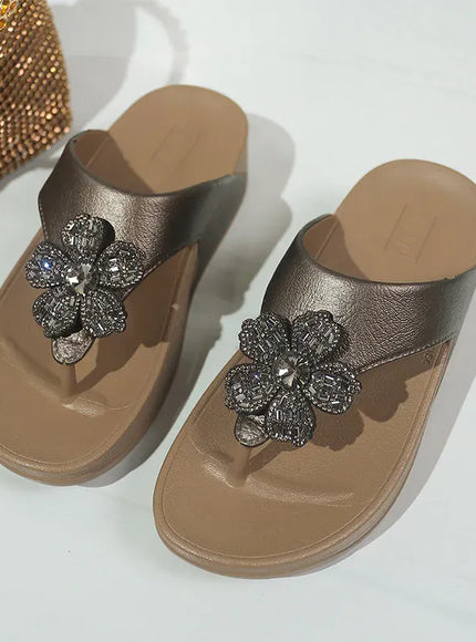 KissICON Flower Decor Thick Heels Sandals for Women Shiny