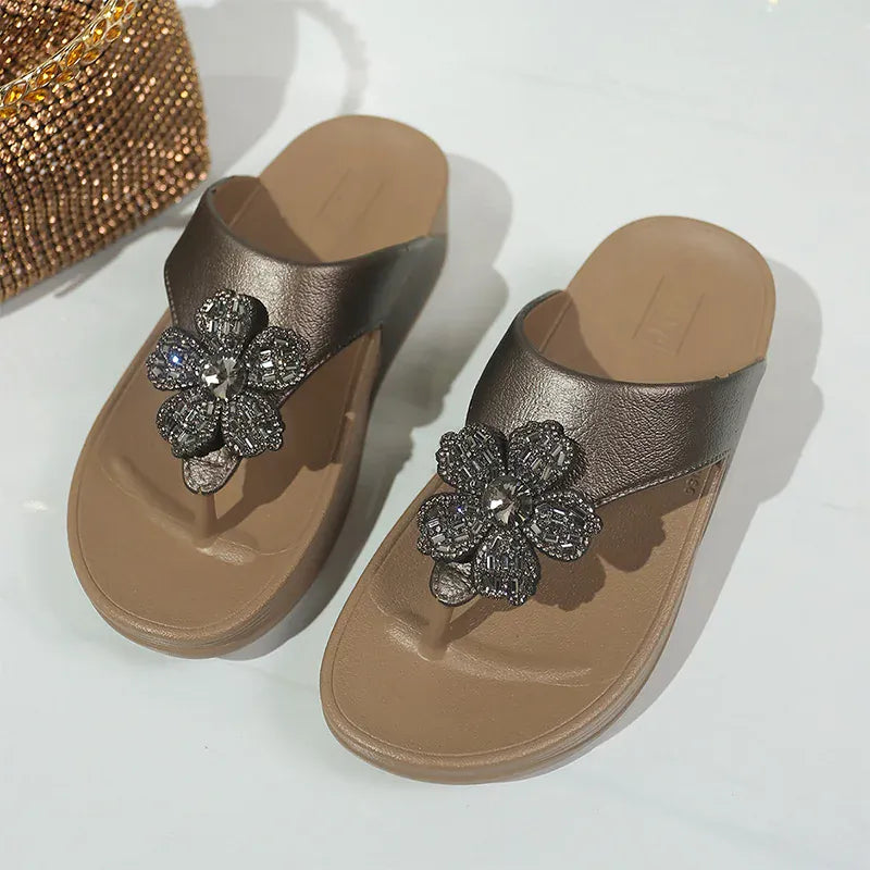 KissICON Flower Decor Thick Heels Sandals for Women Shiny