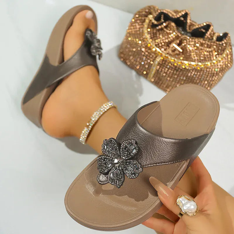 KissICON Flower Decor Thick Heels Sandals for Women Shiny