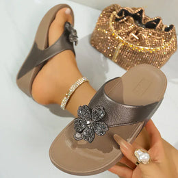 KissICON Flower Decor Thick Heels Sandals for Women Shiny
