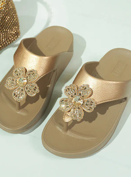 KissICON Flower Decor Thick Heels Sandals for Women Shiny