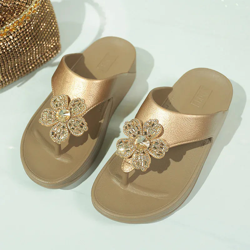 KissICON Flower Decor Thick Heels Sandals for Women Shiny