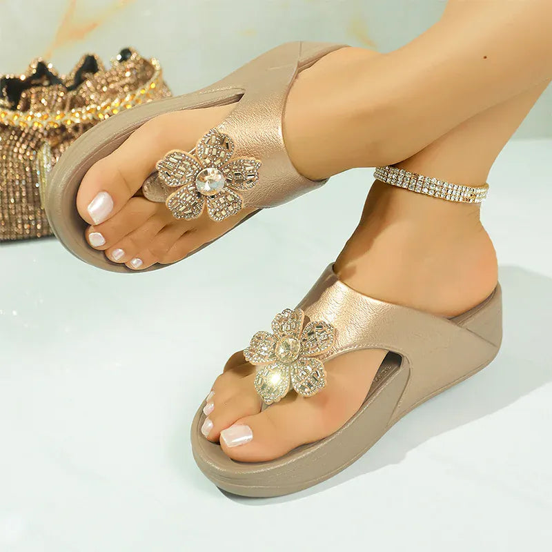 KissICON Flower Decor Thick Heels Sandals for Women Shiny