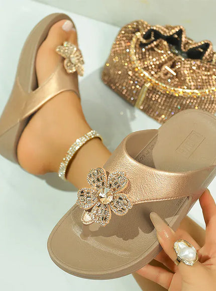 KissICON Flower Decor Thick Heels Sandals for Women Shiny