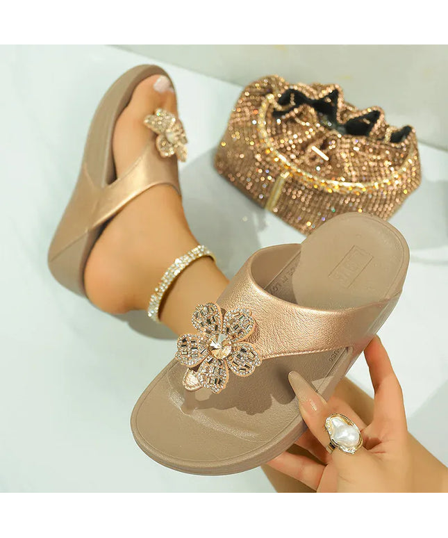 KissICON Flower Decor Thick Heels Sandals for Women Shiny