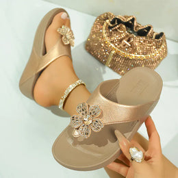 KissICON Flower Decor Thick Heels Sandals for Women Shiny