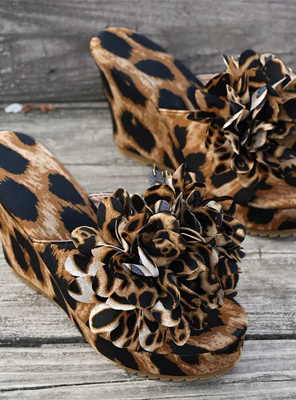 KissICON Flower Decor Wedges Sandals for Women Fashion Leopard