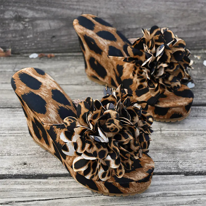 KissICON Flower Decor Wedges Sandals for Women Fashion Leopard